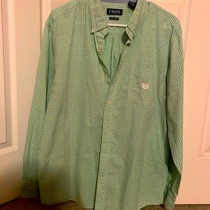 Green and white checked long sleeve dress shirt